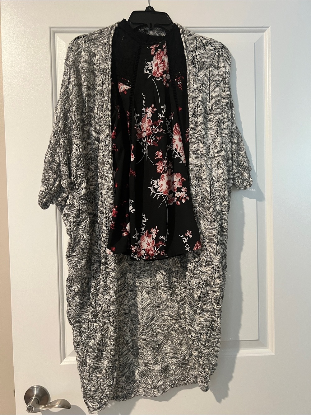Rue21 Black Floral Blouse with Gray Marled Cardigan